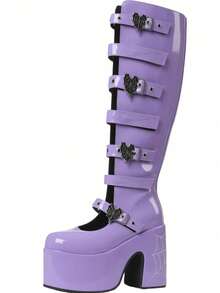 Y2k Style Women's Knee High Boot Solid Color  Buckle Round Toe Punk Motorcycle Nightclub Cosplay Shoes - 紫色 - 查看 8