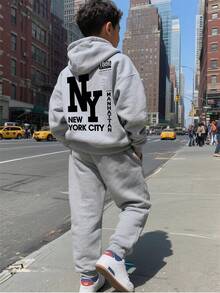 Tween Boy Letter Graphic Print Warm Hoodie And Sweatpants Casual Outfit