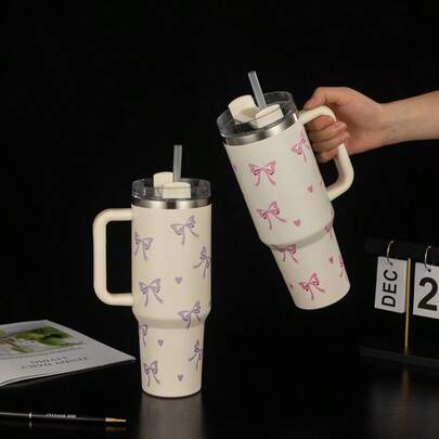 1 Bình nước dung tích lớn 1200ml/40oz in hình nơ và quả anh đào có quai xách và ống hút, nắp kép, thích hợp cho du lịch, dã ngoại, tập thể dục, trường học, làm quà tặng ngày lễ