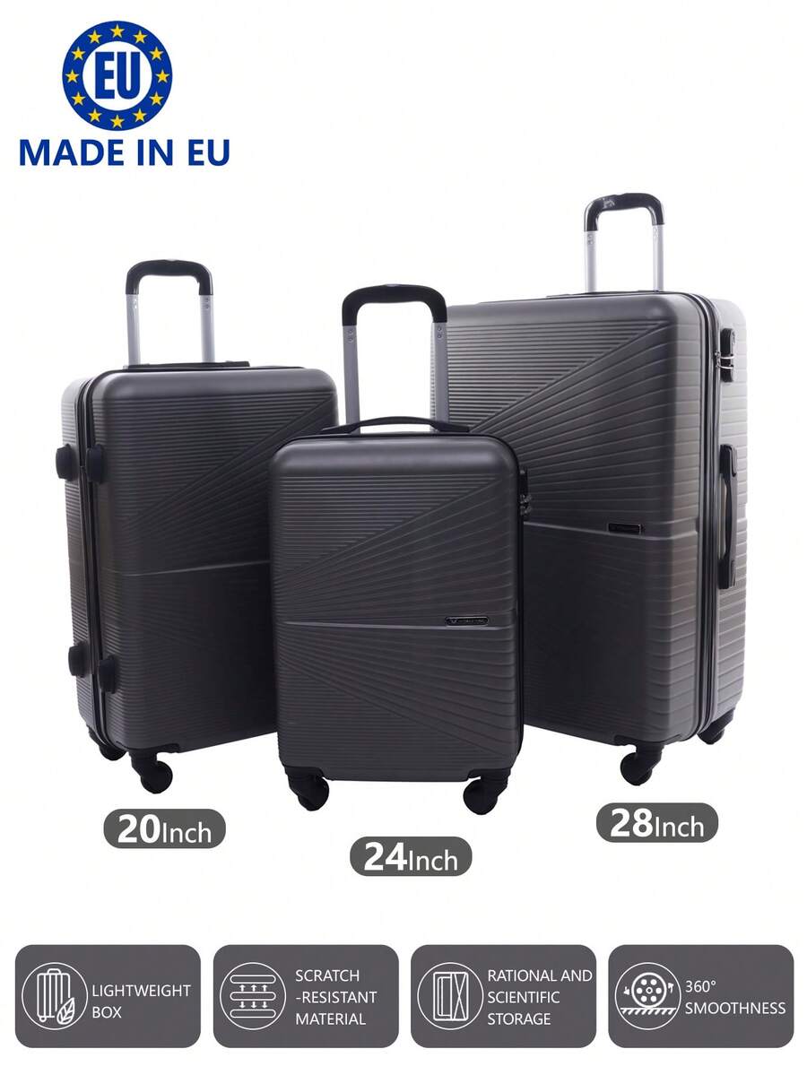 歐洲製造，行李箱學校宿舍必備品大學宿舍必備品學校行李箱旅行箱行李箱耐度假必備手提行李箱旅行箱、輪式行李箱套裝、登機箱，托運箱，四輪行李箱、硬殼拉桿箱、ABS 材質， - 深灰色 - 查看 1