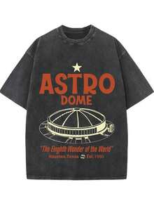 Men's Retro Houston Astrodome T-Shirt -1960 S Texas Stadium Pattern Design, World's Eighth Wonder Theme, Heavy 250g Washed Cotton, Black With Orange Red Embellishment, Classic Crewneck Street Style Shirt, Suitable For Houston Sports Fans And History Fans-Machine Washable Retro Clothing - màu đen - Xem 1