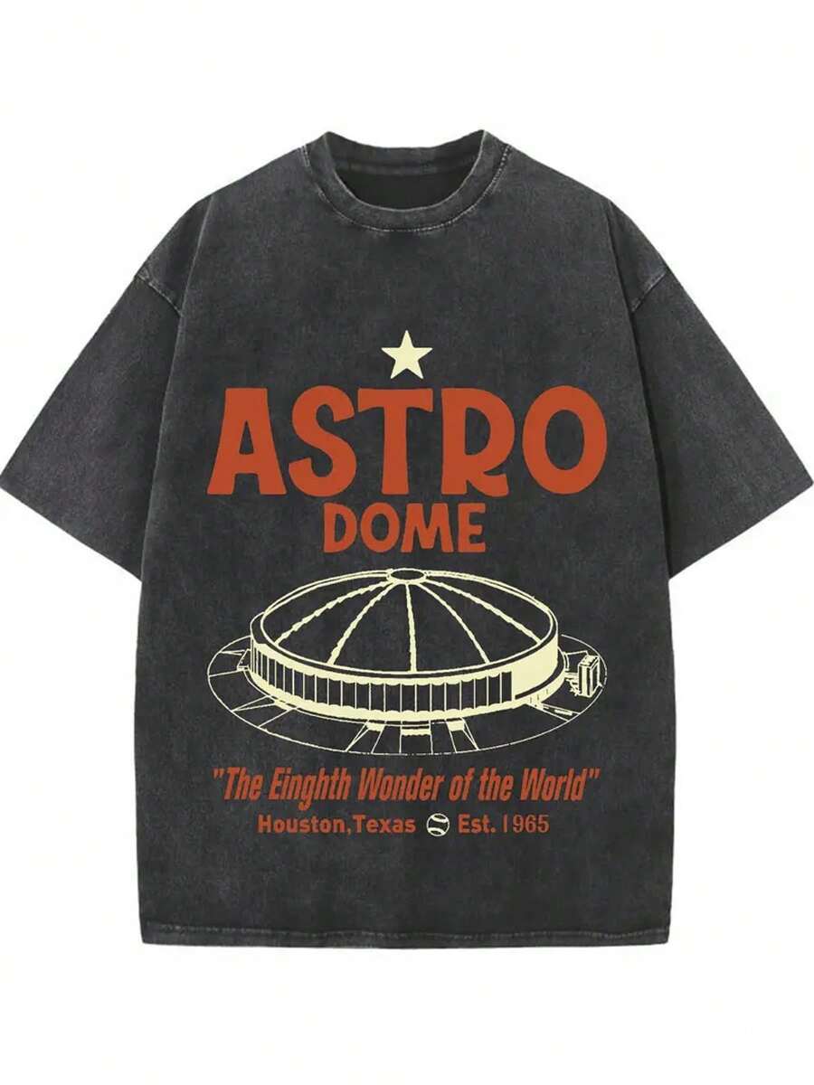 Men's Retro Houston Astrodome T-Shirt -1960 S Texas Stadium Pattern Design, World's Eighth Wonder Theme, Heavy 250g Washed Cotton, Black With Orange Red Embellishment, Classic Crewneck Street Style Shirt, Suitable For Houston Sports Fans And History Fans-Machine Washable Retro Clothing - màu đen - Xem 1