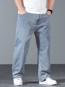 Men's Plus Size Jeans With Beard Details, Basic Style, Slightly Elastic, Slim Fit, Blue, Casual And Simple, Suitable For Daily Wear, Men's Jeans, Men's Pants, Men's Blue Pants, Plus Size - Màu xanh nhạt - Xem 4