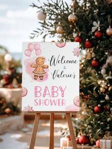 1pc Customizable Pink Balloon Gingerbread Welcome Sign For Baby Shower, Christmas Cookie Display Stand Poster, Sweet Baby Girl Entrance Sign, Christmas Decoration, Holiday Decor, Party Supplies, Editable, Printable - Multicolor - View 4