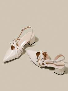 女士米色漆皮尖头单带粗跟高跟鞋，优雅尖头正式高跟鞋，时尚露跟高跟鞋 - 米色 - 查看 4