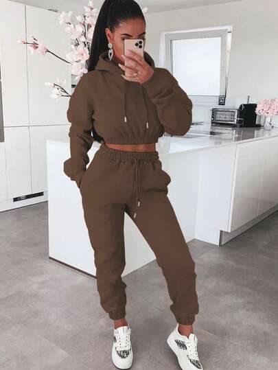 2pcs Women Casual Solid Color Thermal Lined Hoodie Sweatshirt And Slim Fit Sports Pants Set, Autumn/Winter