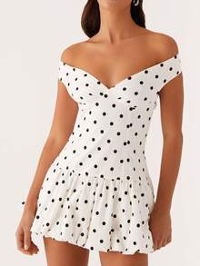 Women's Summer V Neck Off Shoulder Wedding Mini Dresses Backless A Line Puffy Hem Prom Party Gown Y2k Cocktail Bubble Mini Dress - 黑與白 - 查看 1