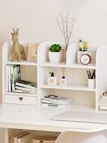 1 pieza Estantería vertical de escritorio de madera blanca y plástico, apta para dormitorio, sala de estar, estudio, oficina, dormitorio - Organizador de escritorio para maquillaje, perfume, joyería, papelería, artículos varios