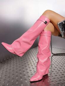 Women's Knee High Fold Over Slouchy Shark Boots Wedges High Heels Pointed Toe Fashion Padlock Buckle Pull On Party Sexy Boots Woman - Pink - View 5