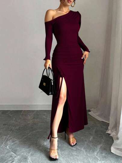 Vestido largo Hombro Descubierto Con Abertura en pierna Sexy Para Dama Ween femenino hombro caido elegante atrevido diferente corte asimétrico graduación boda formal