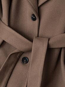 Solid Color Knotted Waist Pocket Casual Overcoat - Chocolate Brown - View 4