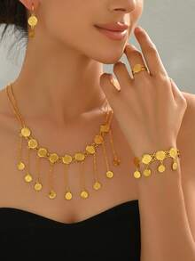 1 Set Ancient Coin Necklace, Earrings, Bracelet, Ring Vintage Element Jewelry Set, Ideal For Weddings, Parties, Festivals - Yellow Gold - View 6