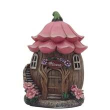 تمثال بيت الأساطير الربيعية من الراتنج - كوخ خيالي بسقف وردي وتفاصيل زهرية، مثالي لديكور حديقة خارجية، زخرفة الباحة، موضوع عالم السحر والخيال، هدية عيد ميلاد مثالية
