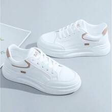 Thick-Soled Women's White Sports Shoes! Simple Pure White / Invisible Height Increase, Soft And Elastic Leather For A Luxurious Feel, Cloud-Like Sole For Walking Without Tiring Feet! Suitable For Daily Outings, Work Commuting, Dating And Shopping, Sports And Leisure, Suitable For All Kinds Of Sports - Màu Khaki - Xem 4