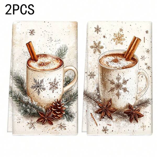 1set/1pc/2pcs Christmas Pine Needle Coffee Print Kitchen Towels And Dishcloths, Suitable For Interior Decoration In Restaurants, Kitchens And Bathrooms, Party Decoration, Holiday Gifts, And Can Also Be Given As Christmas Presents