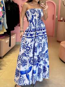 Look Of Millions!!! Long Strapless Dress With Floral Print - Dark Blue - View 2