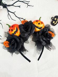 1 pieza Diadema de mujer de Halloween con diseño 3D de calabaza y rosa negra de malla, accesorio de fiesta, diadema para mujeres, regalo de accesorios de belleza para el hogar, aro para el cabello, esencial de disfraces de Halloween - calabaza - Ver 7
