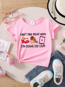 适合年轻女孩的卡通字母标语印花短袖 T 恤 - 粉色 - 查看 1