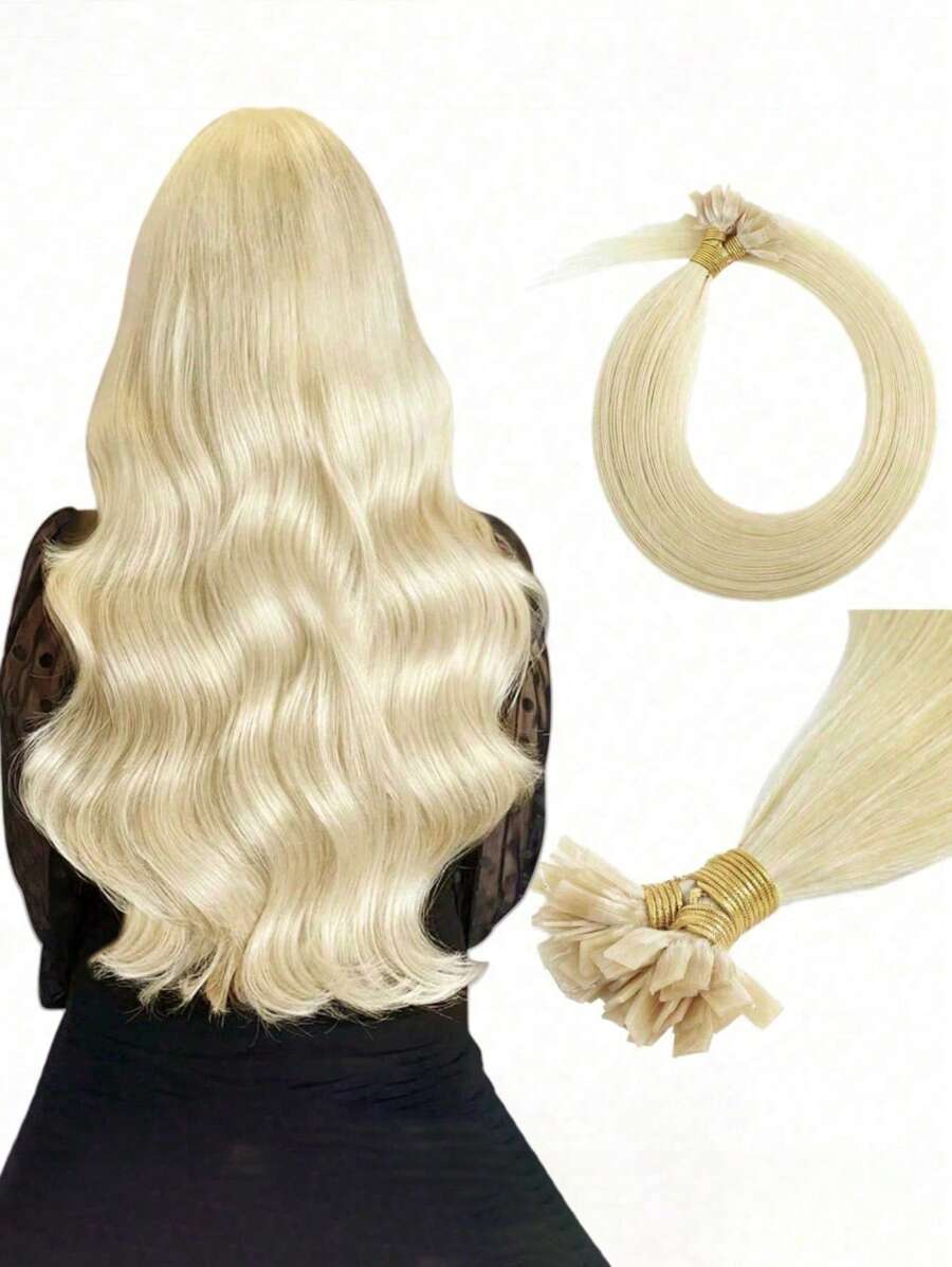 50 件直平头真人发片金色预粘合平头接发片女士接发片