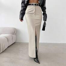 Women's Clothing Leather Design Slit Solid Color High Waist Simple Leather Slim Fit Midi Skirt - Black - View 4