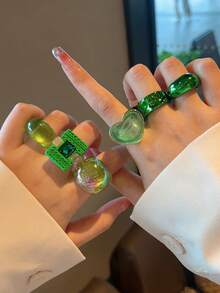 Bộ 6 chiếc nhẫn bản rộng đính đá trái tim màu xanh lá cây thời trang cá nhân hóa, nhẫn có thể xếp chồng lên nhau làm quà tặng trang sức phù hợp cho phụ nữ, sinh viên, trẻ em gái, bạn thân để đeo hàng ngày, tiệc tùng, du lịch - 6 bộ KRMS10-6 - Xem 2