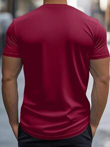 Men's Casual Solid Color V-Neck Short Sleeve T-Shirt, Summer - Burgundy - View 2