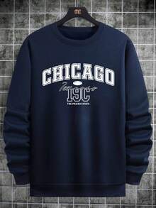 Men's Floral Font Retro American Style Crew Neck Sweatshirt | Chicago Letter Print | Casual Streetwear, Autumn/Winter