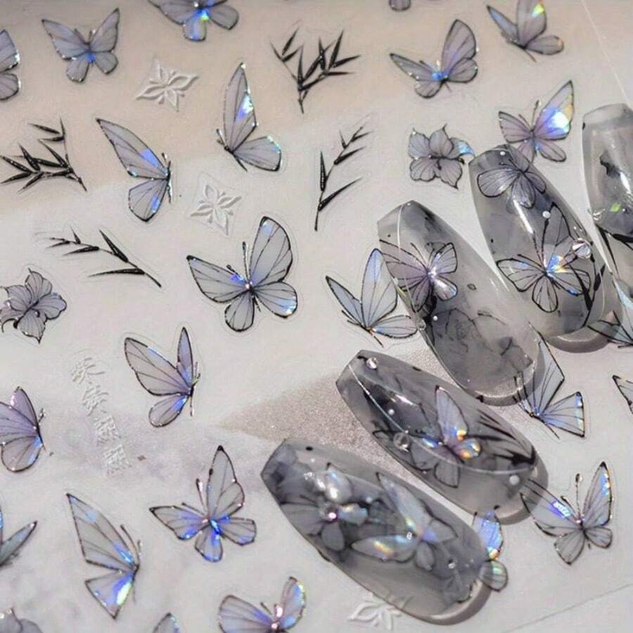 1pc 5D Nail Art Stickers - Glitter Butterfly & Willow Branch Design With Black Border, Iridescent Manicure Decals For DIY Nail Art, Self-Adhesive & Shimmering Summer/Spring Theme, Nail Stickers - Nhiều màu - Xem 1