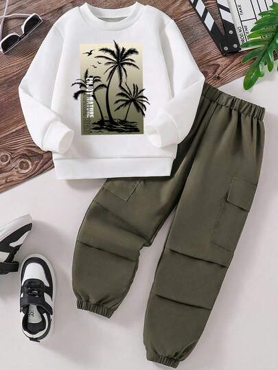 青少年男孩风景印花圆领长袖上衣和纯色长裤