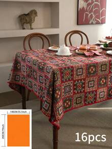 1pc Bohemian Style Decorative Tablecloth, Red Geometric Square Jacquard Tablecloth With Shell Embroidery Lace Trim, Rectangular Table Cloth Suitable For Christmas, Party, Wedding, Home Decor, Vintage Style (Slight Color Difference) - Multicolor - View 12
