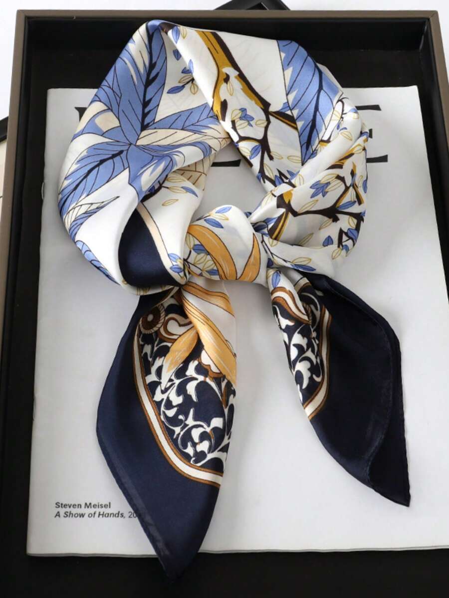 1pc Bohemian Paisley Pattern Silk Scarf, Size 27.5 Inches X 27.5 Inches, Unisex, Fashionable Neutral Design, Suitable For Daily Wear,Holiday,Travel,Festival,Accessories - Navy Blue - View 1