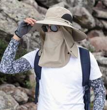 Sombrero de Sol para Hombre, Gorro Pescador Ajustable con Protección UPF 50+, Sombrero con Asa Ancha y Máscara Desmontable para Cara y Cuello,Sombrero de Pesca, Gorra para Sol con Protección Solar UPF 50 Gorro de Pesca con Cubierta Facial Extraíble y Solapa para Cuello, Sombrero Tipo Pescador de Ala Ancha para Pesca Senderismo Hombre Mujer - Beis - Ver 3