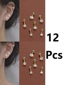 6/12 件/套优雅简约女士耳环，钛钢镶嵌人造锆石耳钉，闪亮且方便穿耳环