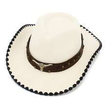 New Western Cowboy Hat With Faux Cowhide Leather Band, Stylish Wide Brim Vintage Boho Hat For Men  Women - Beige - View 6