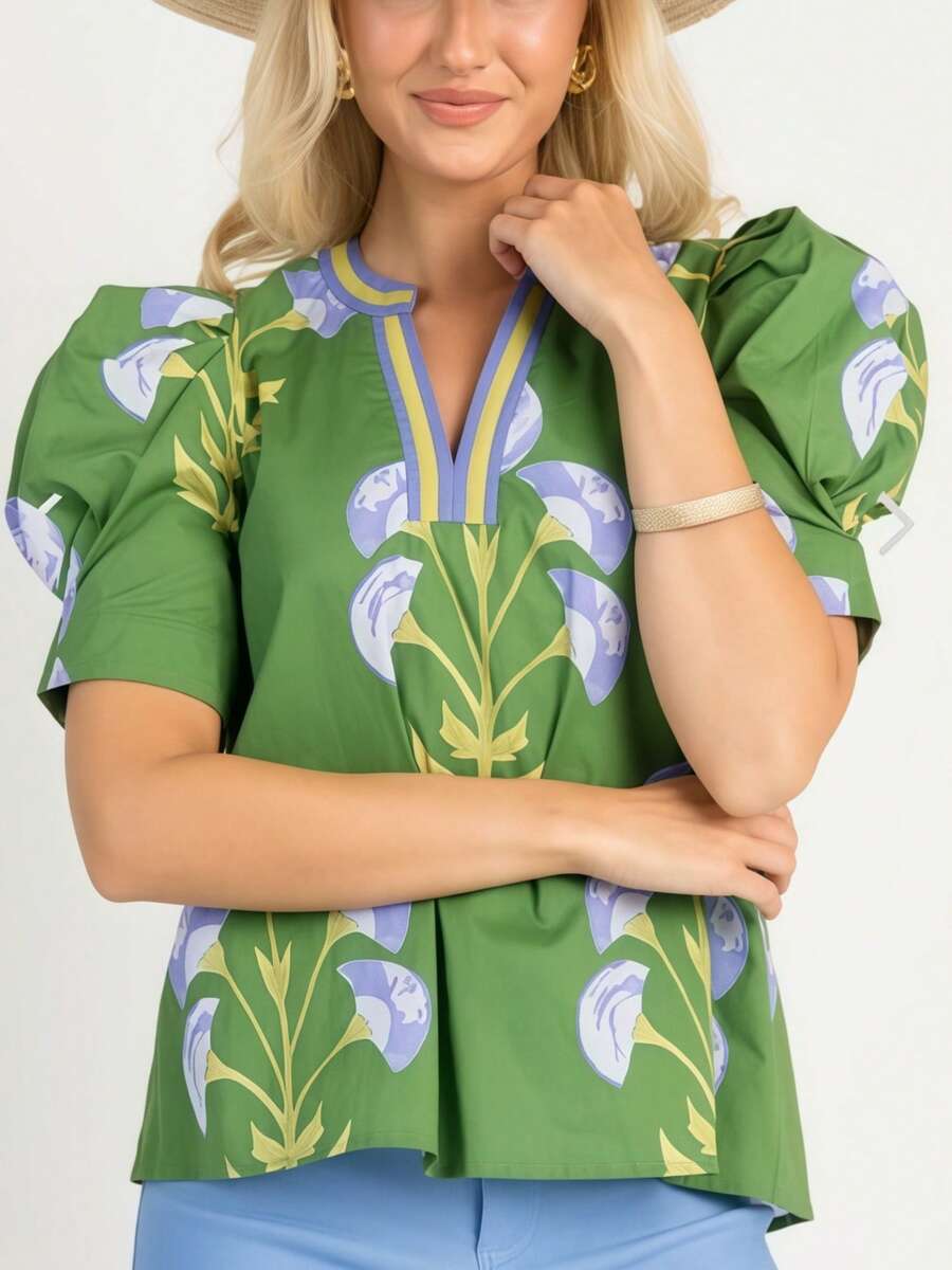 Women's Boho Floral Print Casual T-Shirt Puff Sleeve Notch V-Neck Blouse Tops For Spring Summer Streetwear Aesthetic Clothes - 綠色 - 查看 1