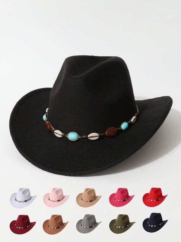 1 pieza Sombrero de fieltro de lana decorado con cadena de circonita, sombrero de vaquero occidental europeo y americano, sombrero de jazz minimalista de moda unisex, adecuado para uso diario, fiestas, eventos con temática occidental, cosplay, festivales de música