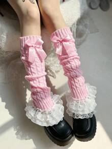 زوج من دفايات الساق المحبوكة بالكابل مع تطريز الدانتيل والفيونكة الوردية لوليتا للنساء، هدية عيد الميلاد - وردي - مشاهدة 4