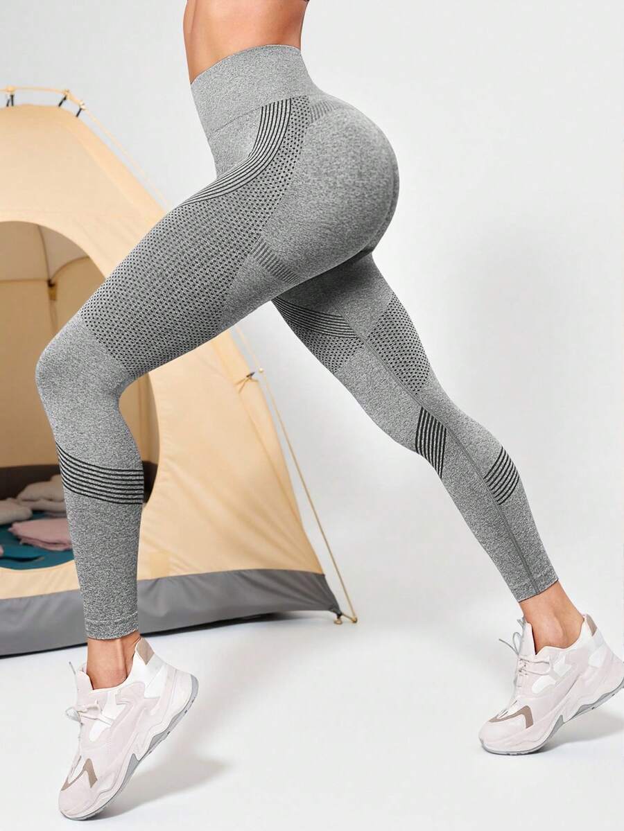 Heather Gray Yoga Leggings Seamless Tummy Control Gym Tights - Grey - View 1