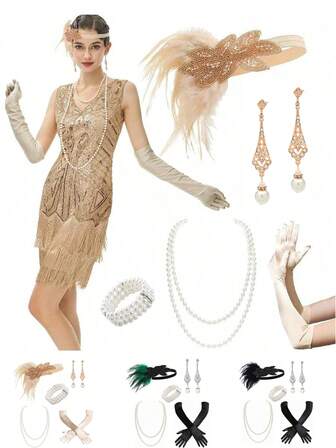5pcs 1920s Flapper Gatsby Costume Accessories Set 20s Artificial Flapper Feather Headband Vintage Pearl Necklace Gloves Rhinestone Earrings Party Headpiece For Women