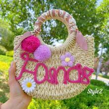 1pc Personalized Straw Woven Bag, Ribbon/Pom Pom/Crochet Flower, Fashion Letter Woven Tote Bag, Straw Handbag, Party Gift Bag, Bridesmaid Gift Basket - Multicolor - View 15