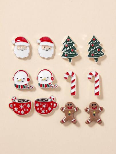 Set de 6 pares de aretes con diseños de Papá Noel y árbol de Navidad