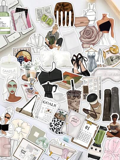 50pcs Clean Girl White Stickers For Notebook, Accounting Book, Desk, Wall, Cup Decoration, Classroom Supplies, Suitable For Halloween, Creative Stickers For Gift