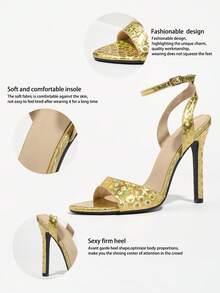 女士圆头纯色金属六角纹理带交叉踝带细高跟凉鞋，优雅时尚迷人派对金色高跟鞋，适合所有季节
