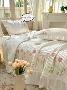 3pcs Floral Embroidery Bedding Set, Quilted Blanket And Pillowcase, Air Conditioning Quilt Blanket