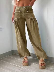 Fashionable Personalized Street Style Commuting Design Pleated Front Pocket Women Loose Straight Leg Jeans - Green - View 4