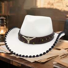 Retro Carnival Cowgirl Hat For Women Men Bull Head Leather Belt Wide Brim Western Cap - trắng - Xem 1