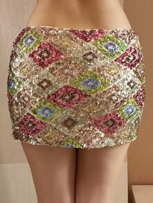 Sequin Mini Skirt For Women Y2K Glitter Low Waist Bodycon Pencil Skirt Night Out Party Club Rave Sparkly Outfit - Hồng - Xem 3