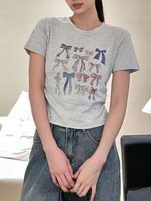 Butterfly Print Crew Neck Cinched Waist Short Cropped T-Shirt - Grey - View 5