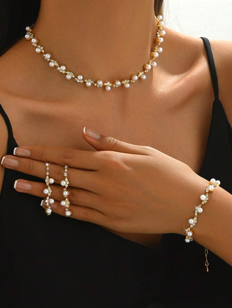 4pcs Women Jewelry Set - Necklace, Earrings, Bracelet, Geometric Pattern, Elegant, Bridal, Thanksgiving