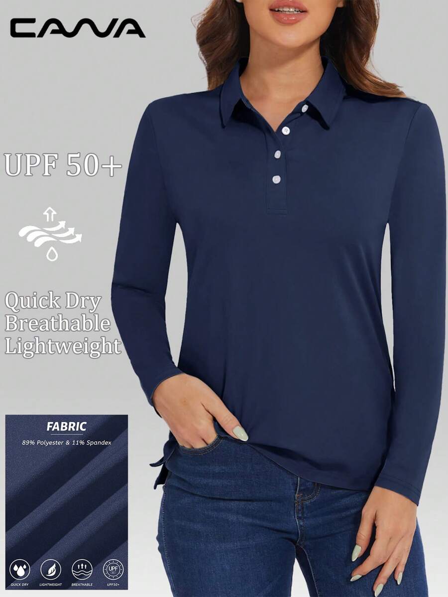 Cavva 女式 UPF50+ 长袖 Polo 衫 吸湿排汗 速干 轻盈透气 修身 侧开衩 防晒 高尔夫 网球 徒步 户外 - 藏蓝色 - 查看 1
